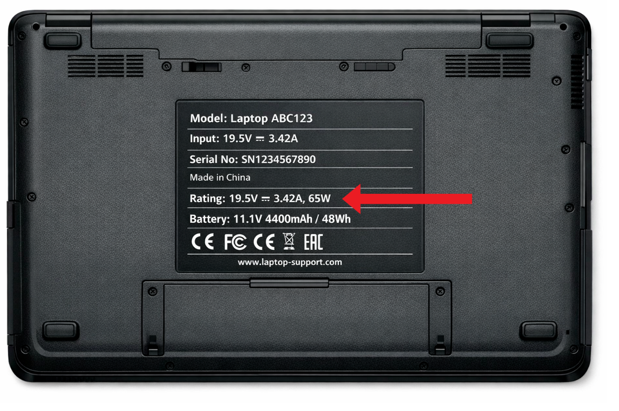 Laptopetikett med OUTPUT-specifikationer