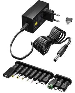 3-12V Universal strömförsörjning Max 1,5A inkl. 11 adaptrar (7 DC-adaptrar + 3 USB + 1 skruvterminal)