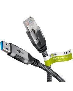 Goobay USB-A 3.0 till RJ45 Ethernet-kabel, textil, svart, 1,5m