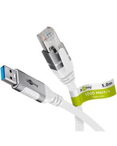 Goobay USB-A 3.0 till RJ45 Ethernet-kabel, textil, vit, 5m