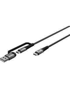 USB-C/USB-A 2.0 till USB-C laddnings- och datakabel, textill, svart/grå, 2m