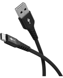 USB-A 2.0 till USB-C laddnings- och datakabel, textil, svart, 1m