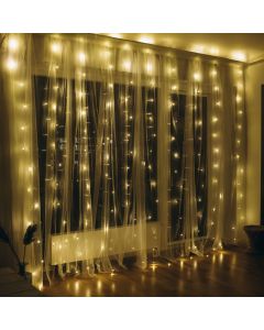 Gardinljus med 300 LED, varmvit, inkl. fjärrkontroll, 3x3m