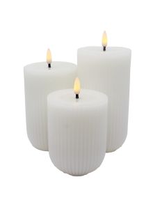 Randiga LED-blockljus i vax med 3D-flamma, 3 st - Vit