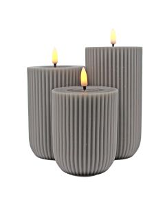 Randigt LED-blockljus i vax med 3D-flamma, 3 st - Grå