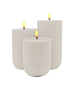 Randiga LED-blockljus i vax med 3D-flamma, 3 st - Viskande vit