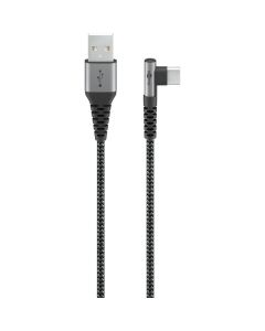 USB-A 2.0 till USB-C laddnings- och datakabel, textil, svart/grå, vinklad, 2 m