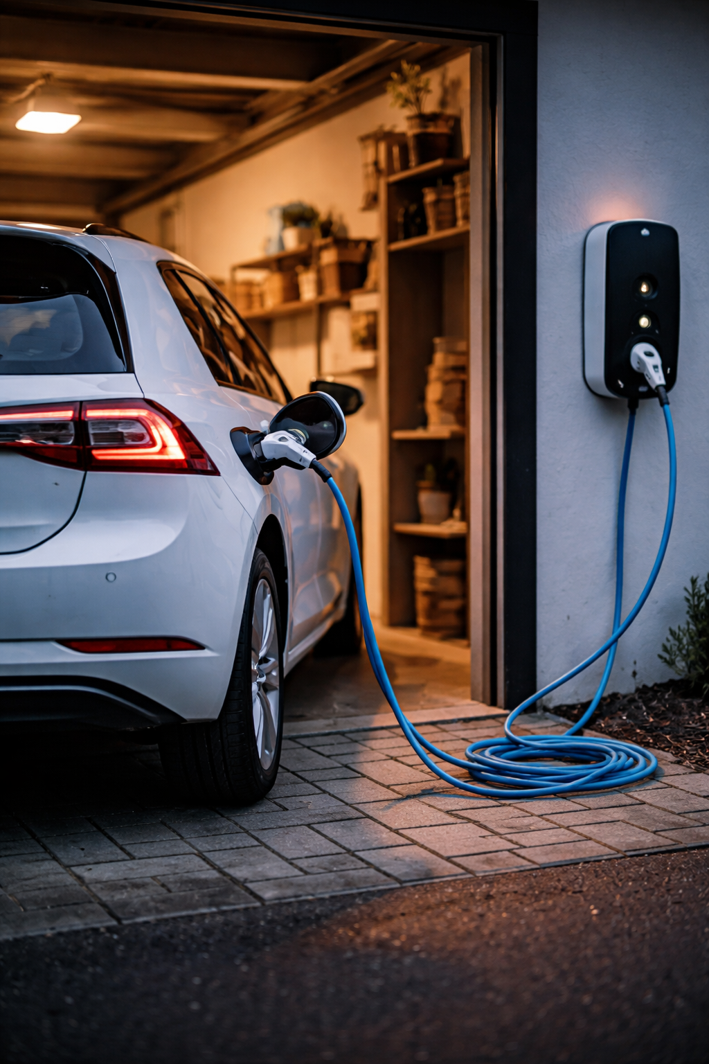 Elbil som laddar vid laddbox i garage