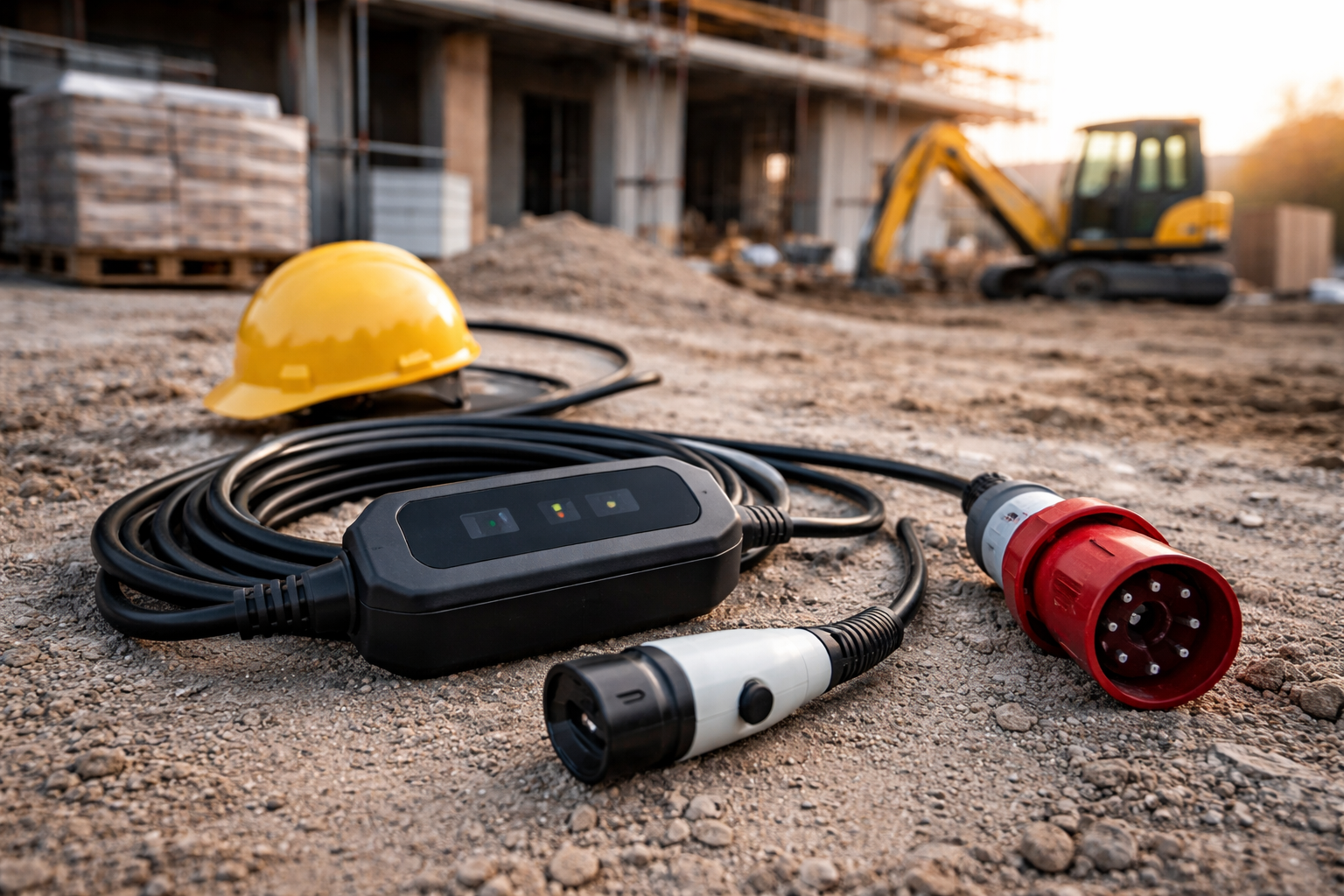 CEE-laddare till elbil på byggarbetsplats