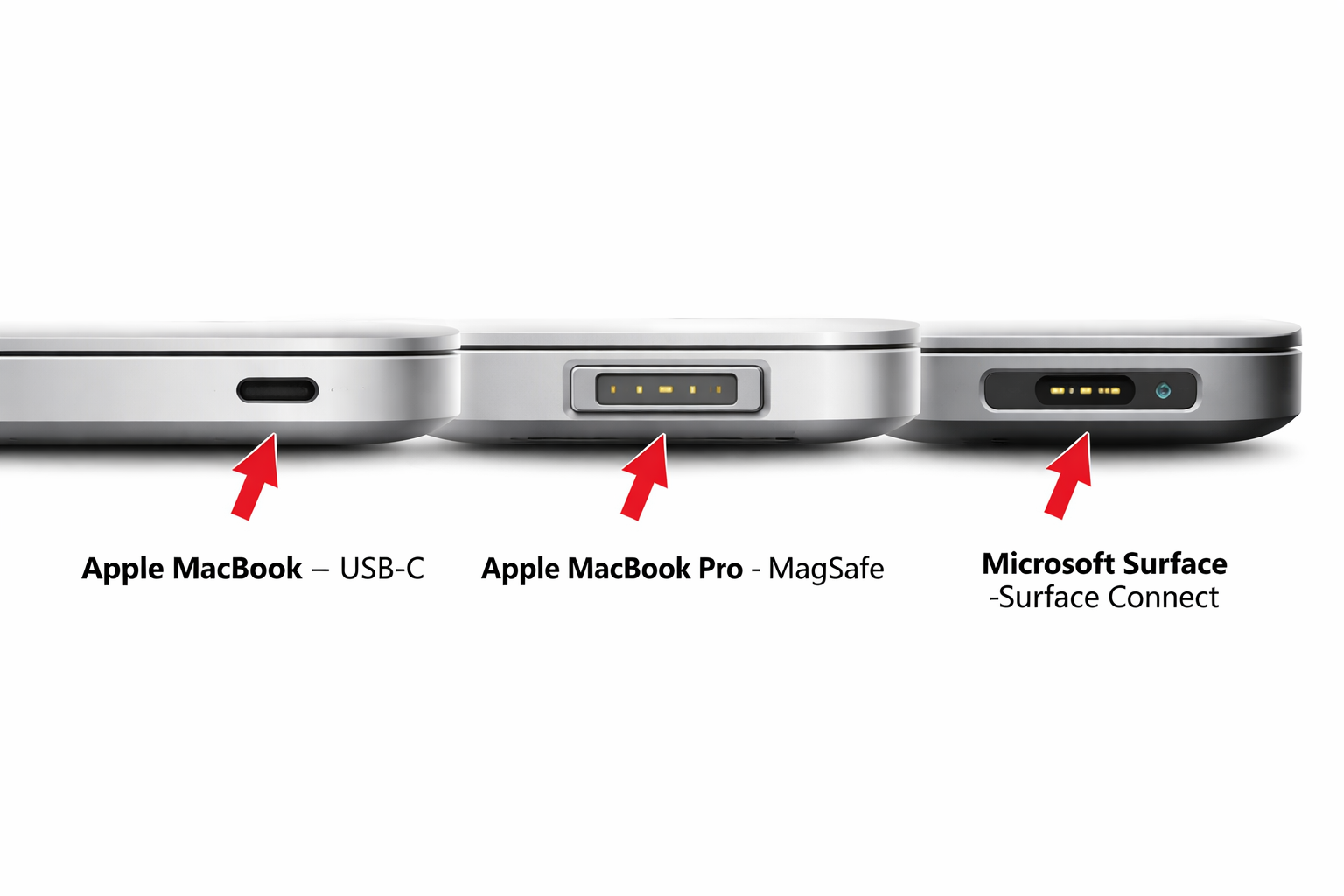 Apple MacBook USB-C, Apple MacBook Pro MagSafe och Microsoft Surface Connect laddport på laptopkant