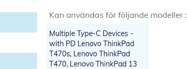 Kan användas till följande modeller – fält på produktsida som visar vilka laptops adaptern passar till