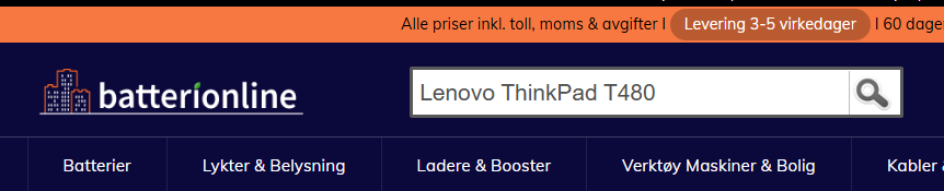 Sökfält på batterionline.se med exempel – sök på laptopens modellnummer